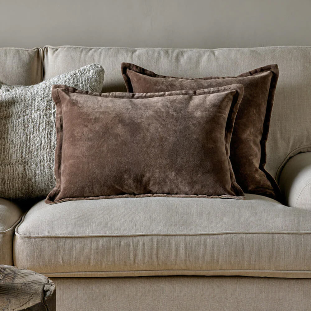 Nkuku Renwal Velvet & Linen Cushion Cover Brown 60x40cm